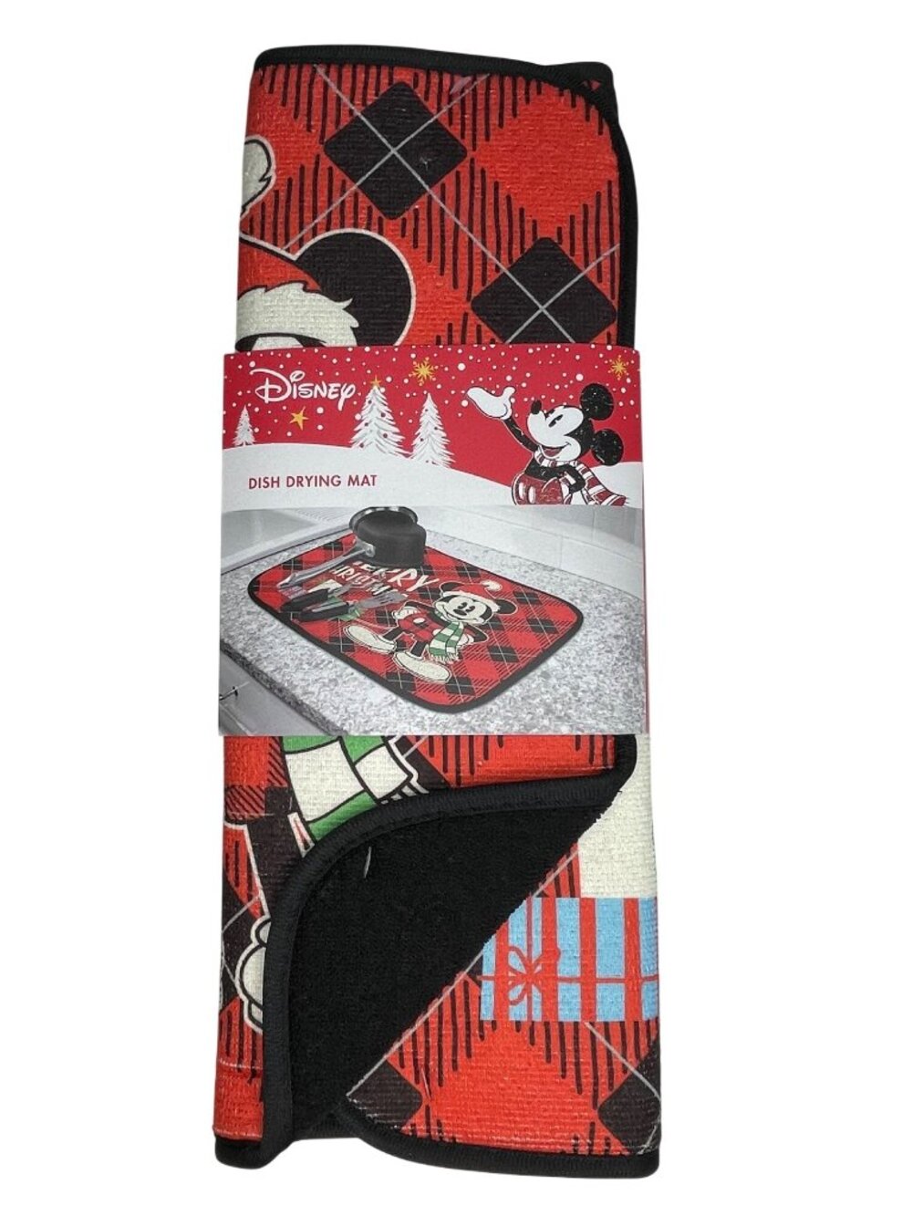 Disney Mickey Mouse Holiday Dish Drying Mat Red/Black Argyle Polyester 16"x18"